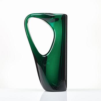 Giorgio Ferro, an oval, green glass vase, "Anse volante", A.VE.M (Arte Vetraria Muranese), Italy 1950's.