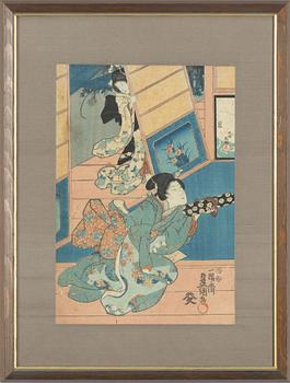 Utagawa Kunisada, a woodblock print triptych, 19th Century.