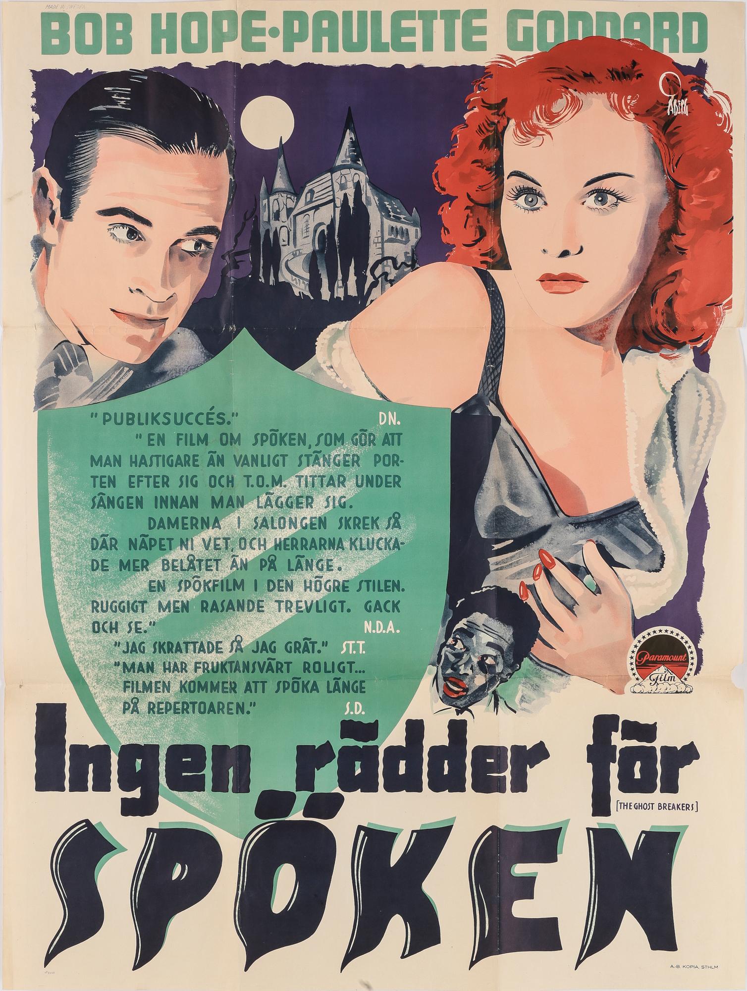 FILMAFFISCH, "Ingen rädder för spöken", [The Ghost Breakers], 1941, Åberg, AB Kopia, Sthlm.