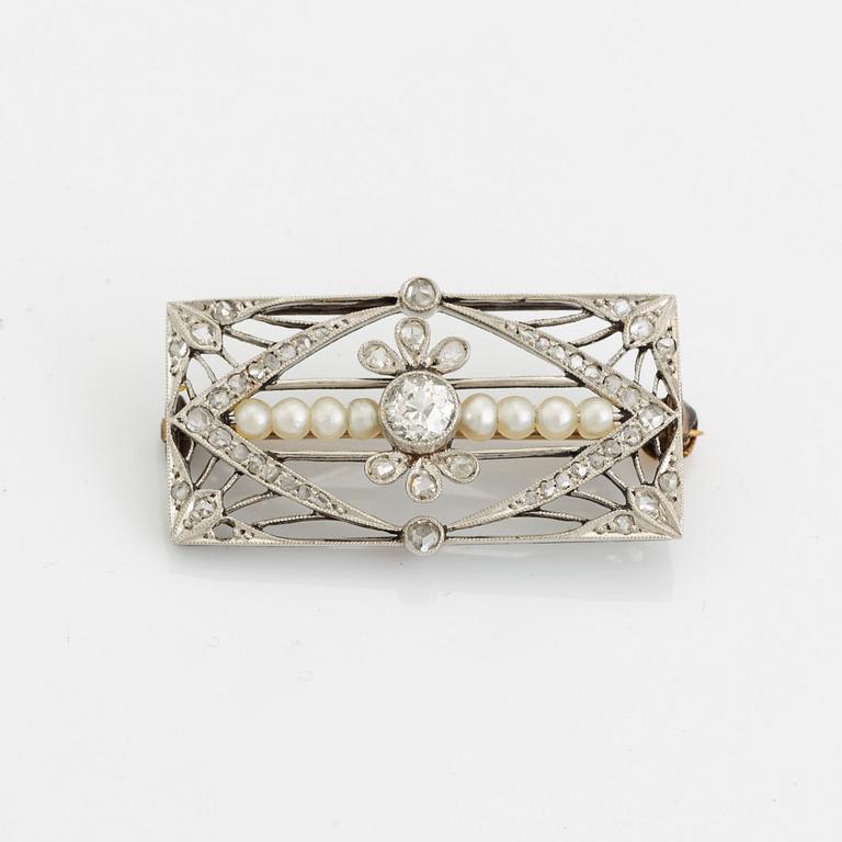 Old cut and rose cut diamond and pearl brooch.
