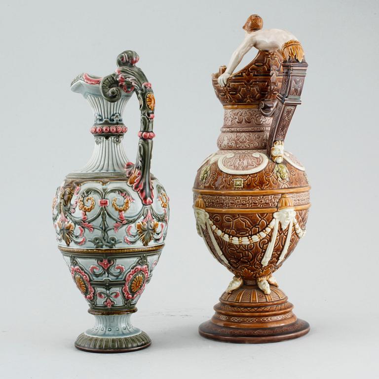 Two majolica jugs from Rörstrand, around the year 1900.