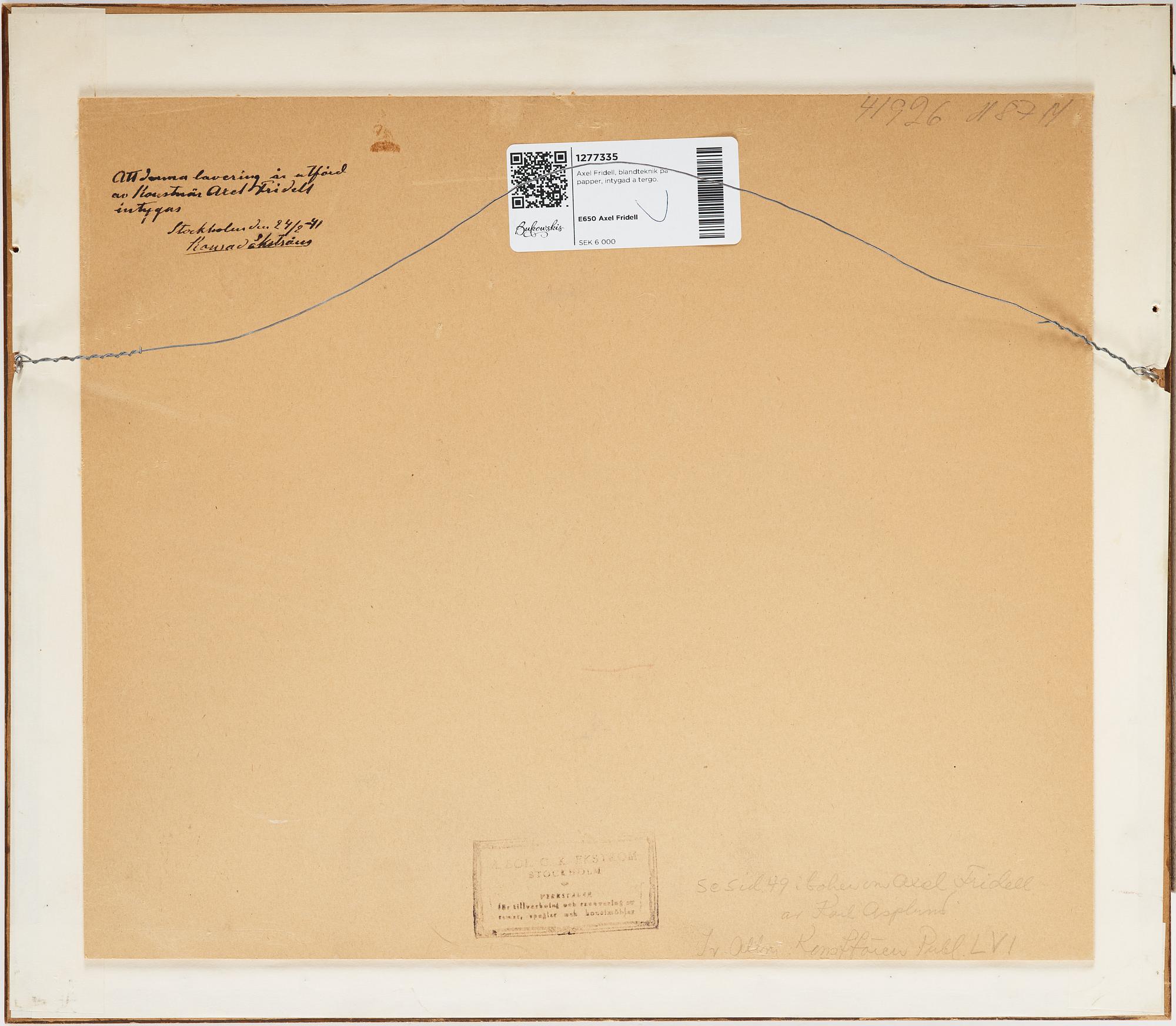 Axel Fridell, mixed media on paper, certified verso, probably executed 1929.