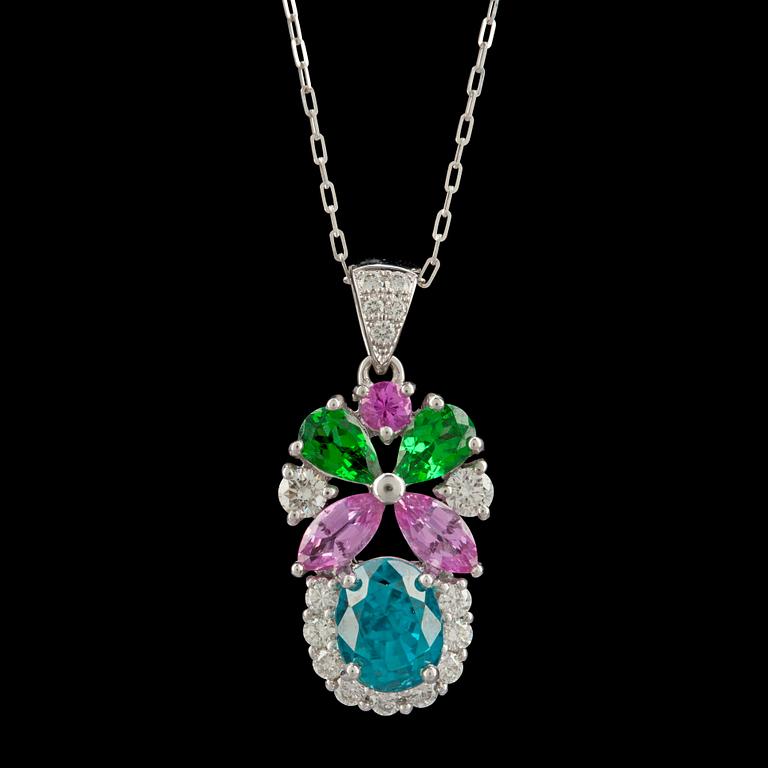 A blue zircon, 4.26 cts, brilliant cut diamond, pink sapphire and tsavorite garnet pendant.