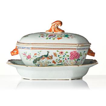 A famille rose 'double peacock' tureen with cover and stand, Qing dynasty, Qianlong (1736-95).