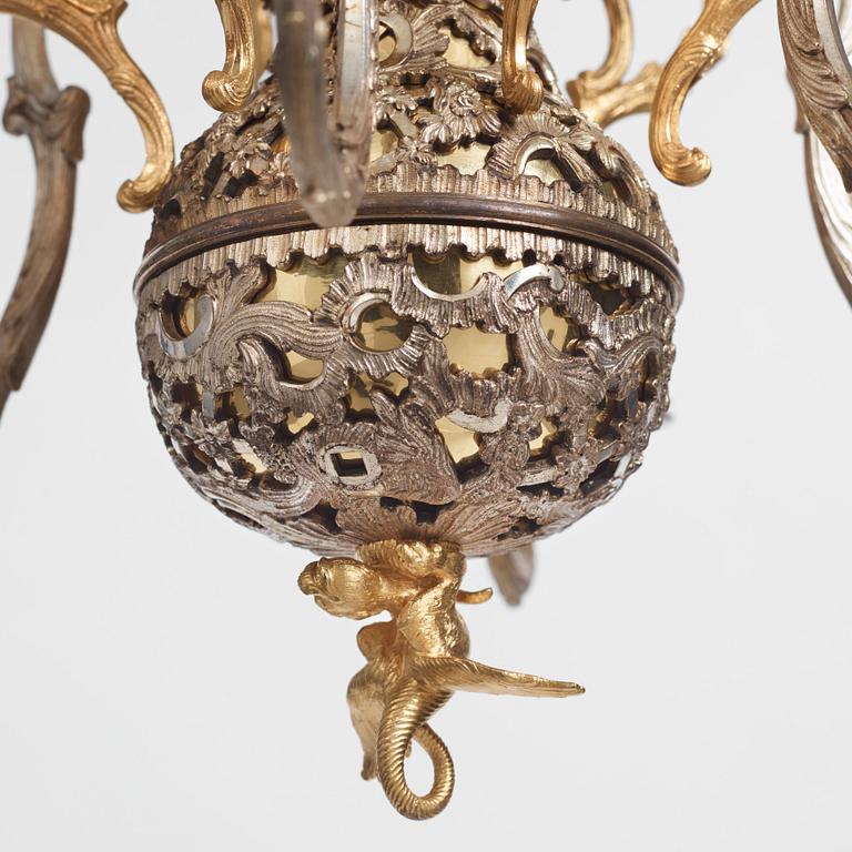 Carl Edberg's Masterpiece, a Swedish rococo silvered and gilt-brass six-light chandelier, circa 1755.