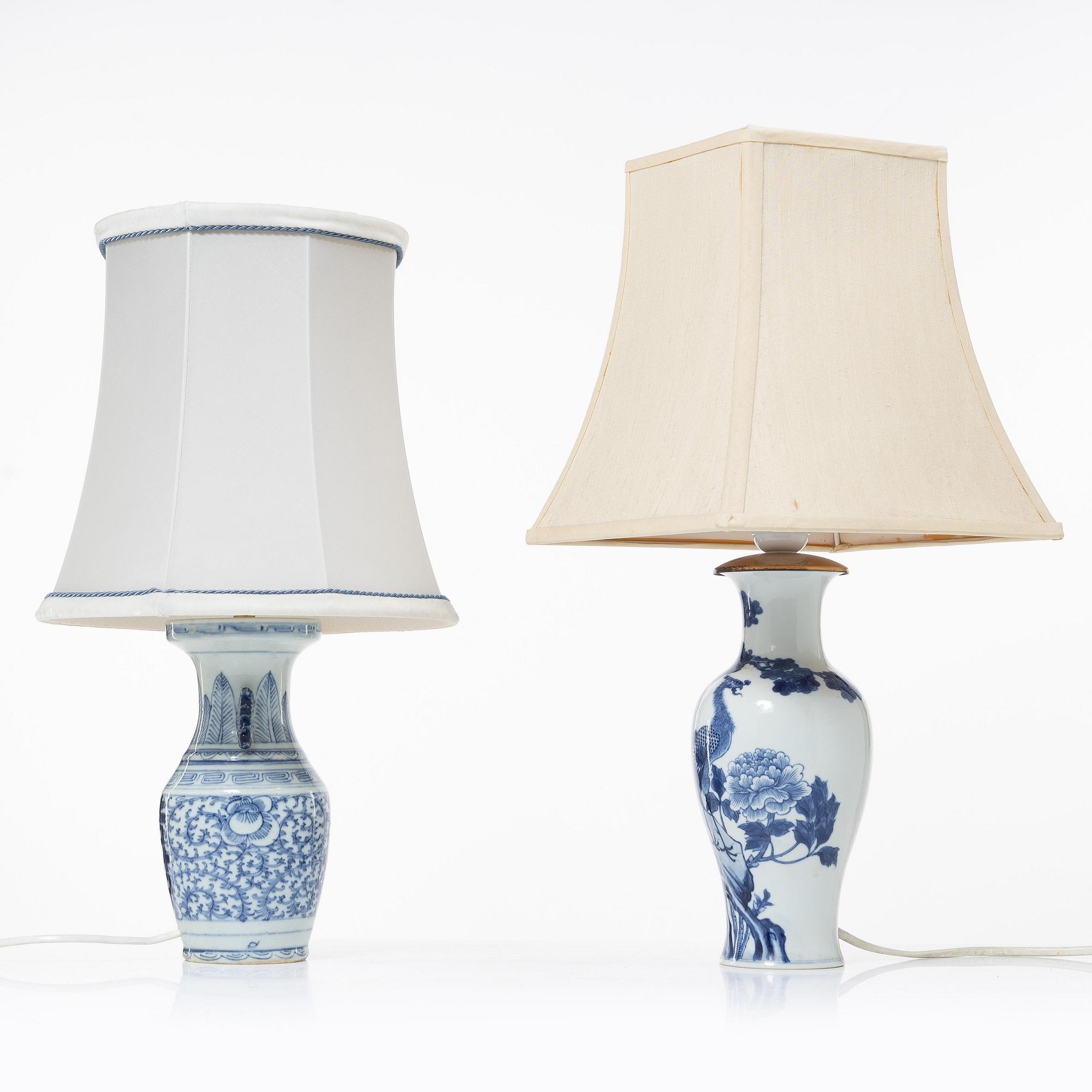 A set of two blue and white Chinese vases made in to lamps, late Qing dynasty, circa 1900.