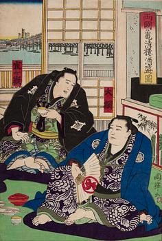 KUNITERU II (1829-74), three colored woodblock prints, triptych, and Two UNIDENTIFIED ARTIST, Japan, 19th century.