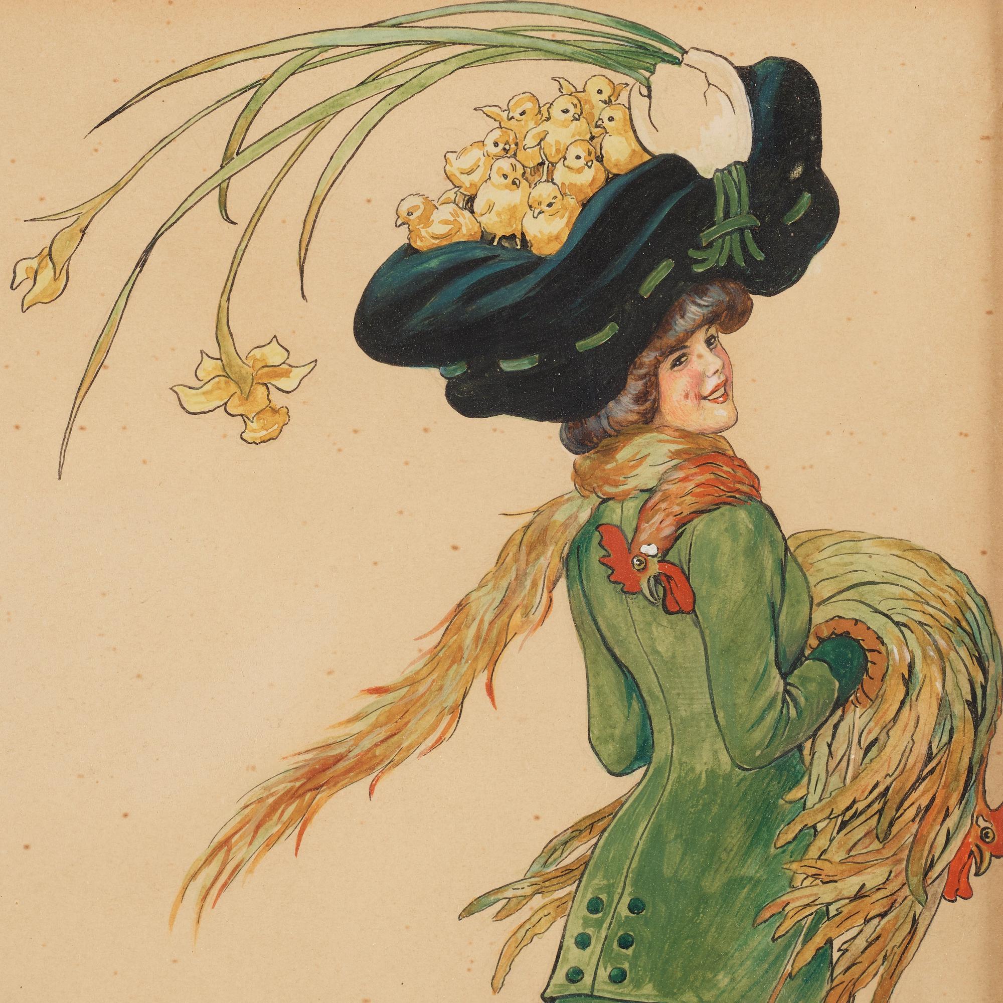 Jenny Nyström, Easter scene with elegant lady in green dress.