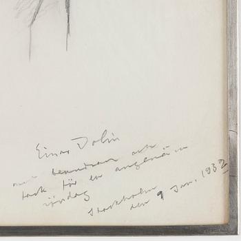 Einar Jolin, pencil, a portrait of Estrid Ericson, signed 1932, in a pewter frame, Svenskt Tenn, provenance Estrid Ericson.