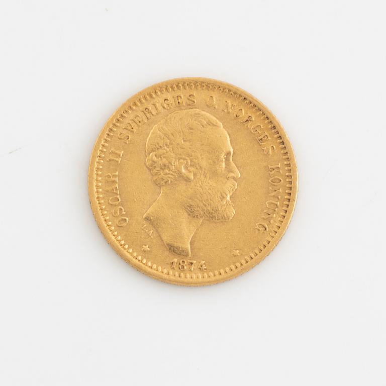 Oscar II, guldmynt, 10 kronor, 1874.