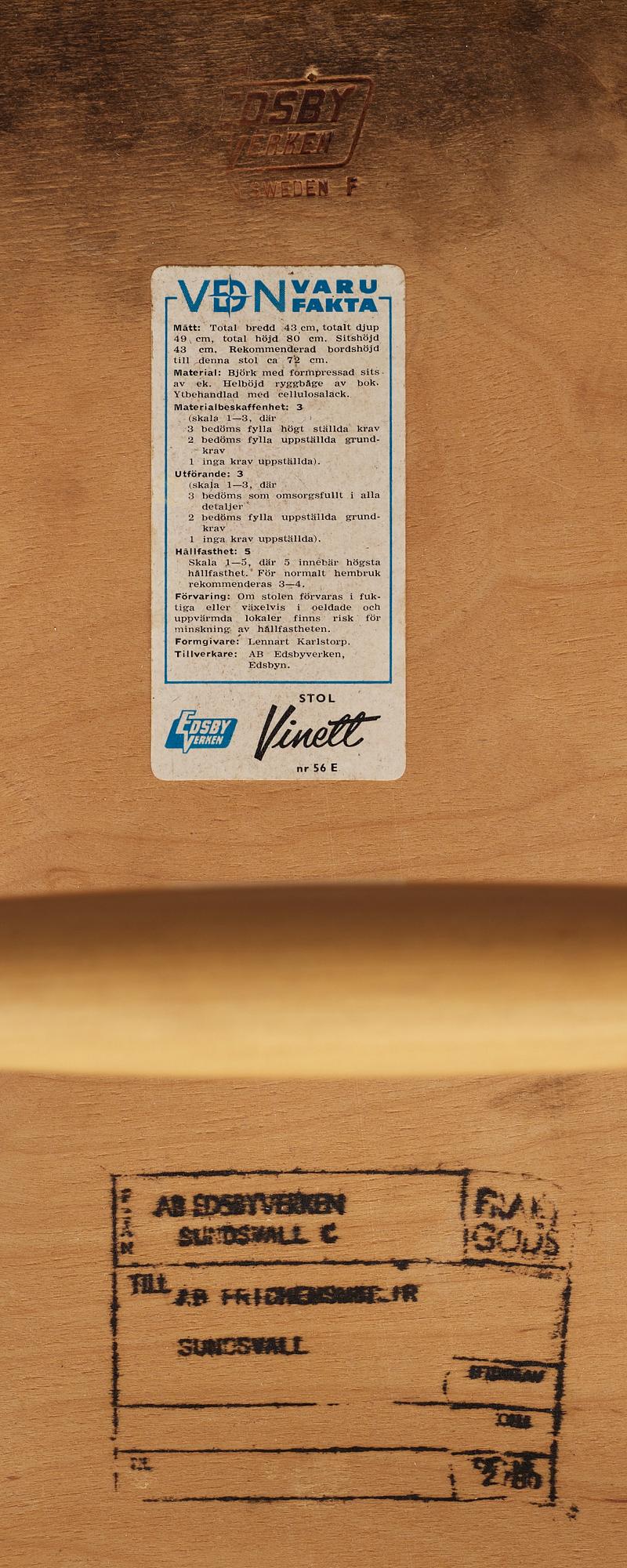 STOLAR, 5 st, Vinett, Lennart Karlstorp, 1900-talets andra hälft.