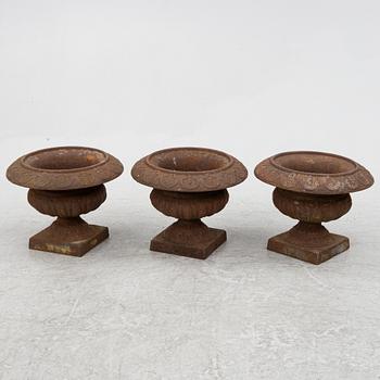 Garden urns, 3 pcs, cast iron, late 20th century.