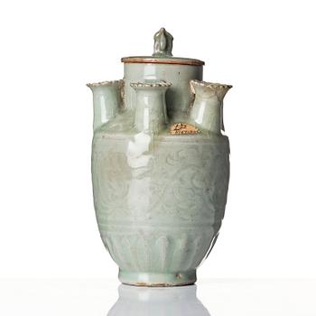 A rare celadon vase with cover and five spouts and cover, Song dynasty (960-1279).