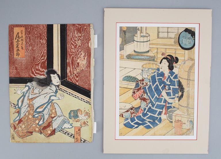 TOYOKAWA YOSHIKUNI samt KUNISADA, färgträsnitt, 2 st, japan, 1800-tal.