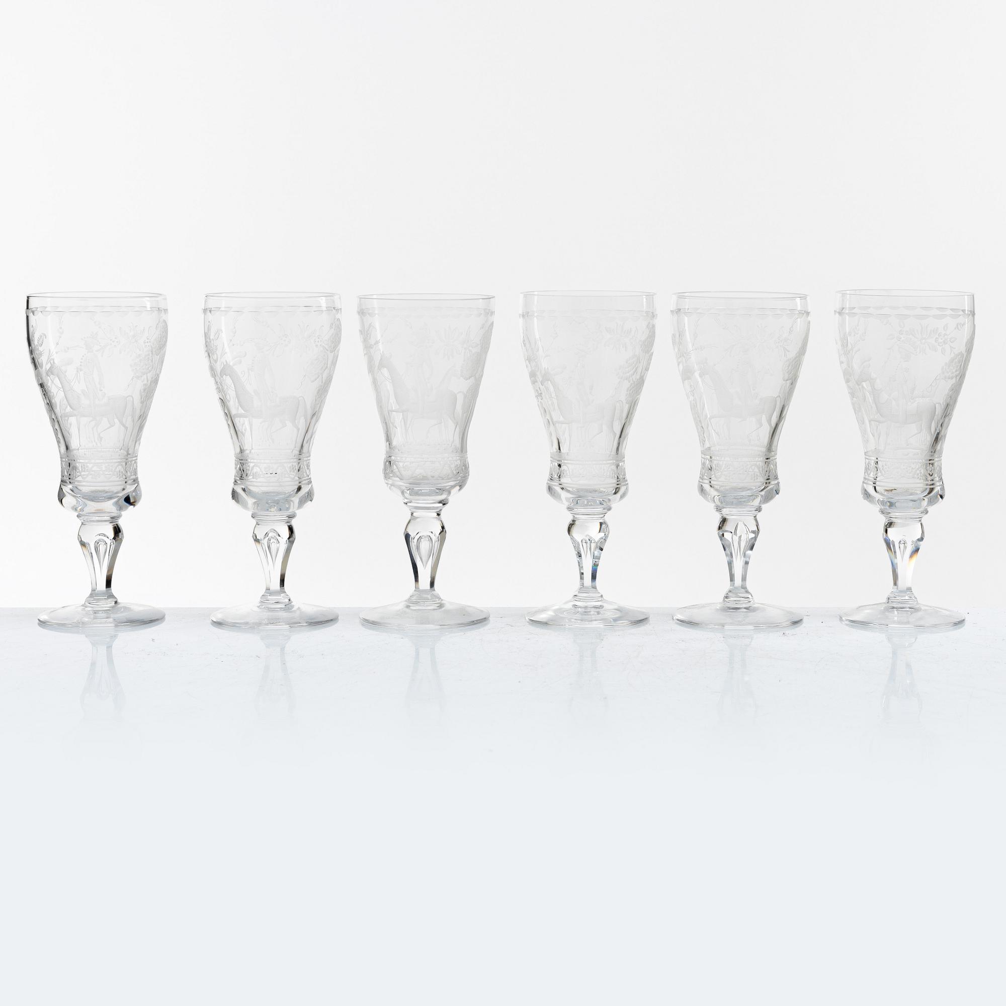 Vicke Lindstrand, six 'Dalecarlia' white wine glasses, Kosta Boda.