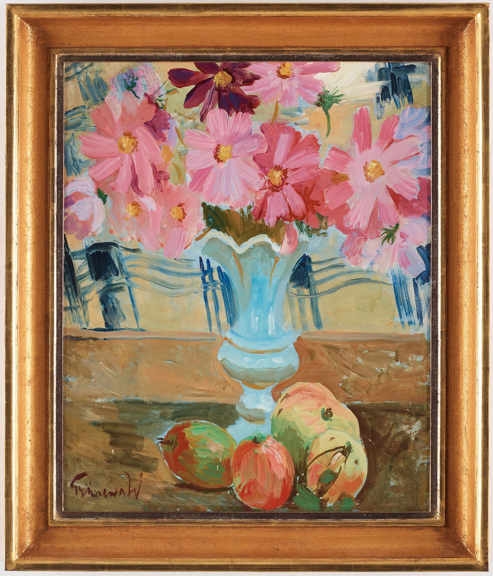Isaac Grünewald, Still life with garden cosmos and apples.