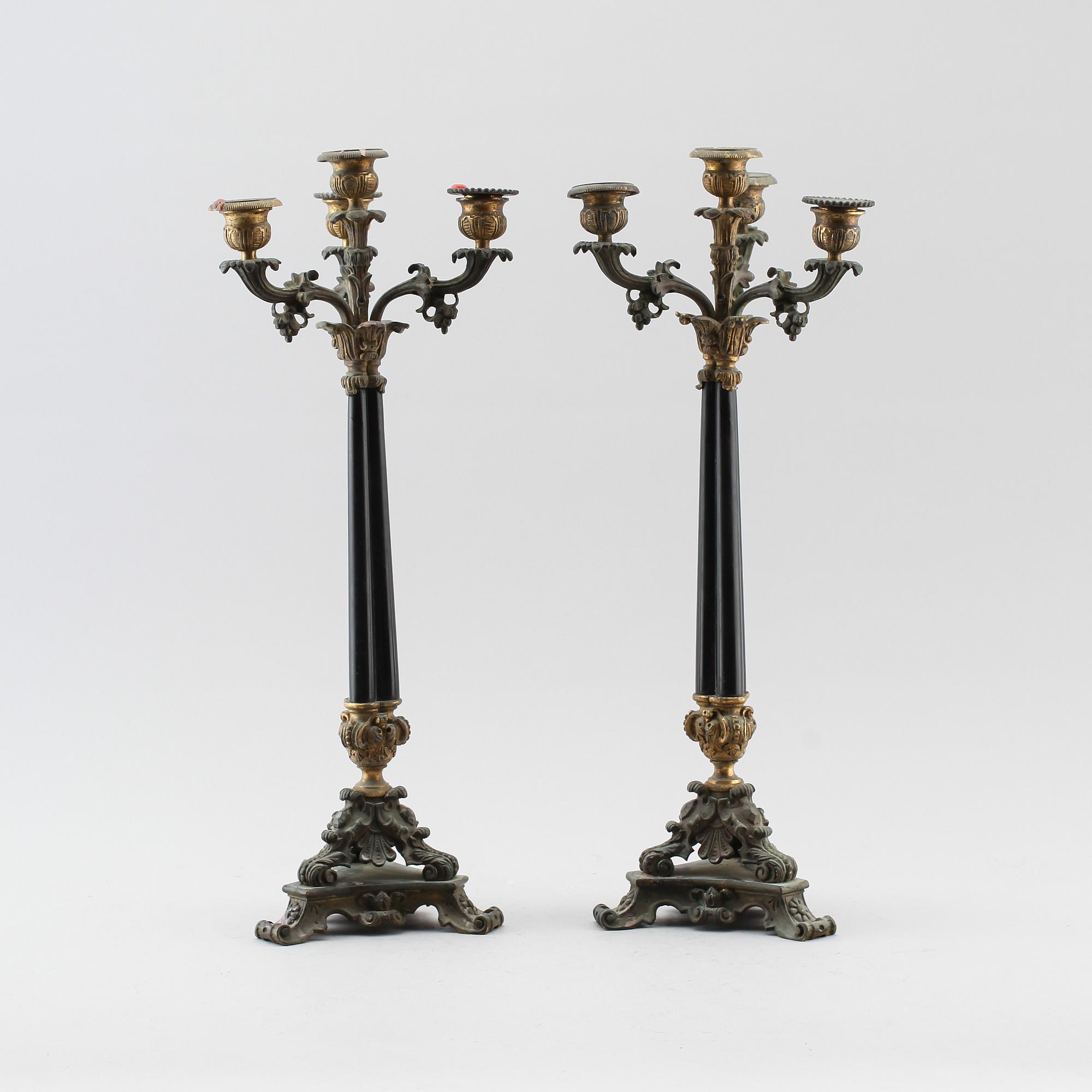 KANDELABRAR, 1 par, patinerad brons, senempire, 1800-talets mitt.