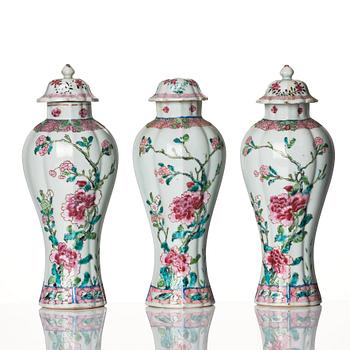 A set of three famille rose vases with covers, Qing dynasty, Qianlong (1736-95).