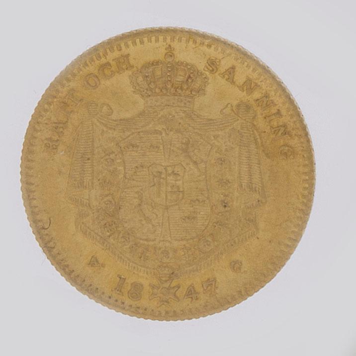A Swedish 1 Dukat in gold, with the Swedish and Norwegian King Oscar I, 1847/4.