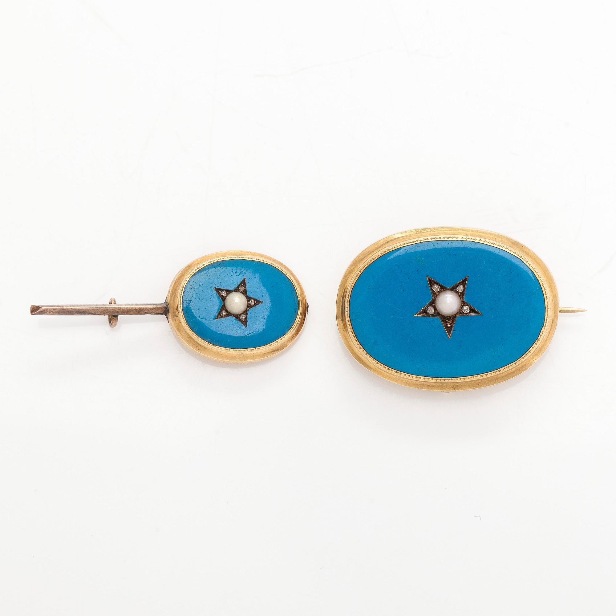 Brooch / pendant and jewelry part, 14K gold, enamel, rose cut diamonds, pearls.