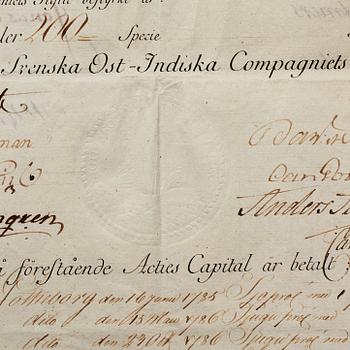 A Swedish East India share certificate, 1780's.