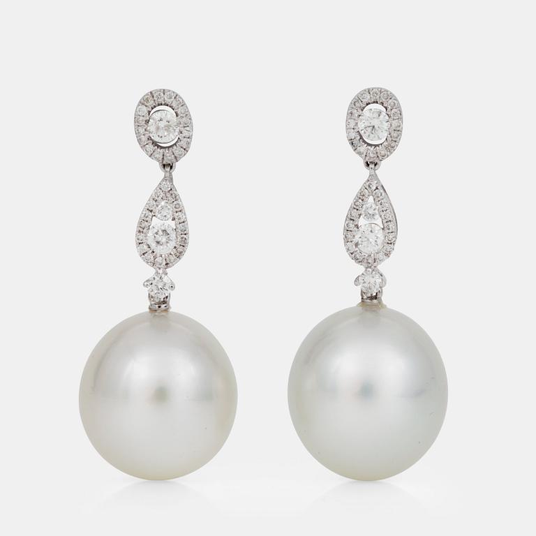 A pair of cultured South Sea pearl and brilliant-cut diamond earrings. Total carat weight of diamonds circa 1.15 cts.