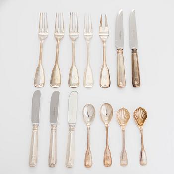 Cutlery, sterling silver, 16 pieces, Germany, and 10 pieces, nickel silver, Sweden, and one silver-plated piece from Christofle. 20th century.
