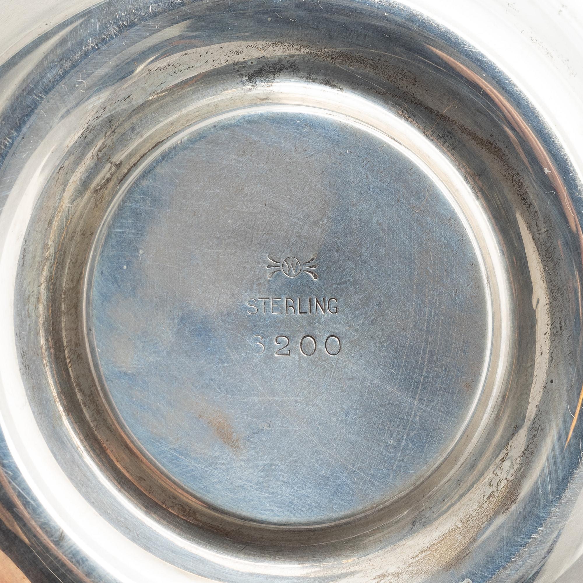 Kopphållare med fat, 6+6 st, sterlingsilver och porslin, bl.a. John Wanamaker, Philidelphia, USA, tidigt 1900-tal.