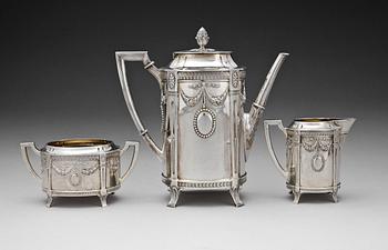 KAFFESERVIS, 3 delar, silver, empirestil, K. Anderson, Stockholm 1899. Totalvikt ca 590 gram.