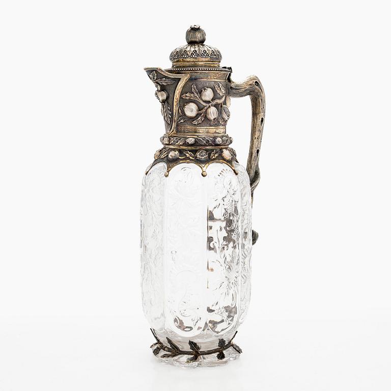 A silver mounted glass ewer, Elkington & Co, London 1884.