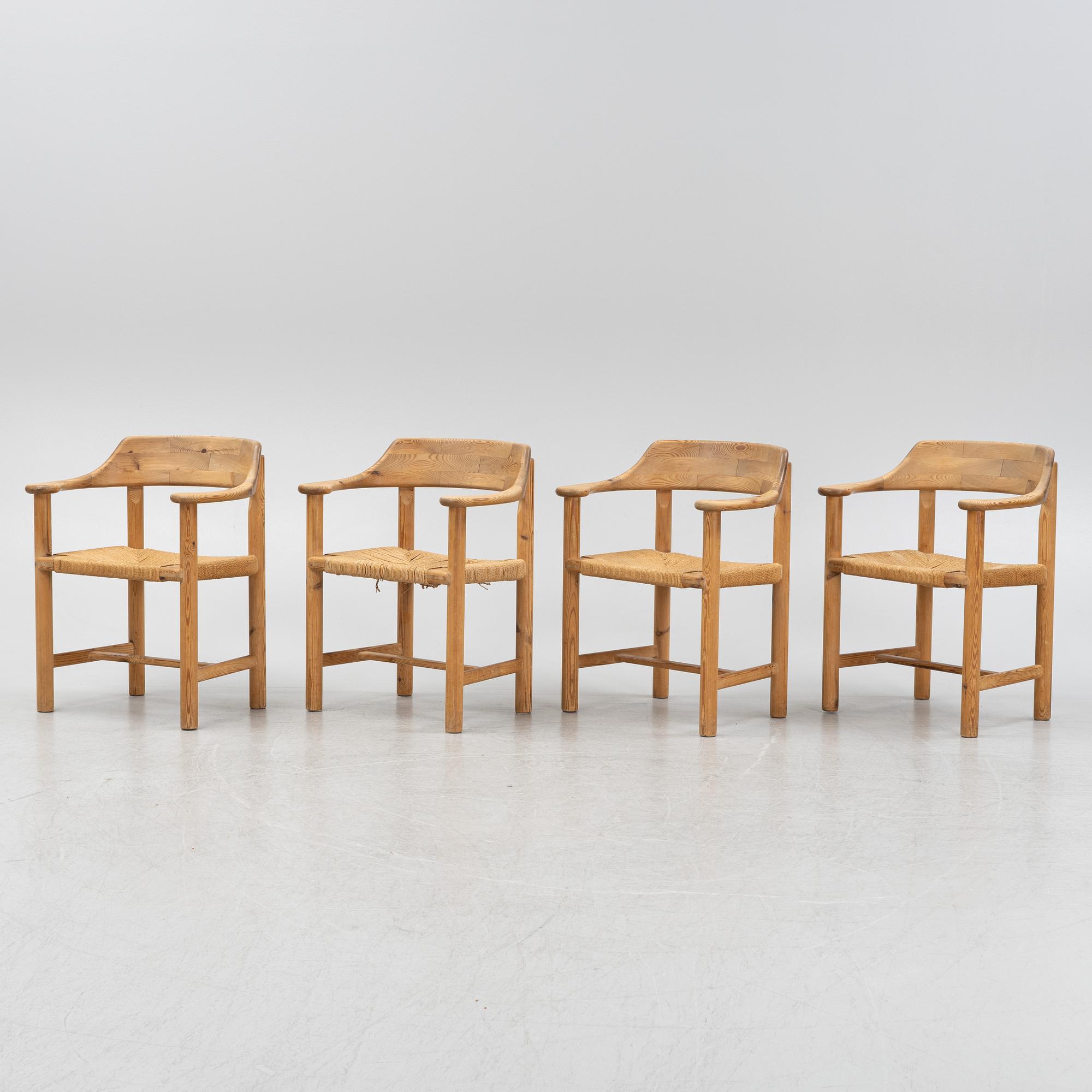 Rainer Daumiller, a set of four pine armchairs, Denmark, 1960s/70s.