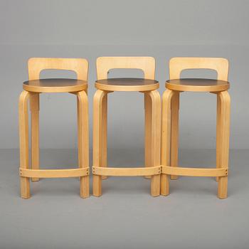 BARSTOLAR, 3 st, design A. Aalto, Artek 1970-tal.