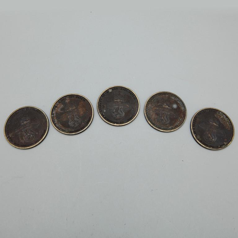 PLAKETTER, 5st, brons, senare avdrag, kröningsmedalj Ferdinand I och Maria Augusta, 1836.