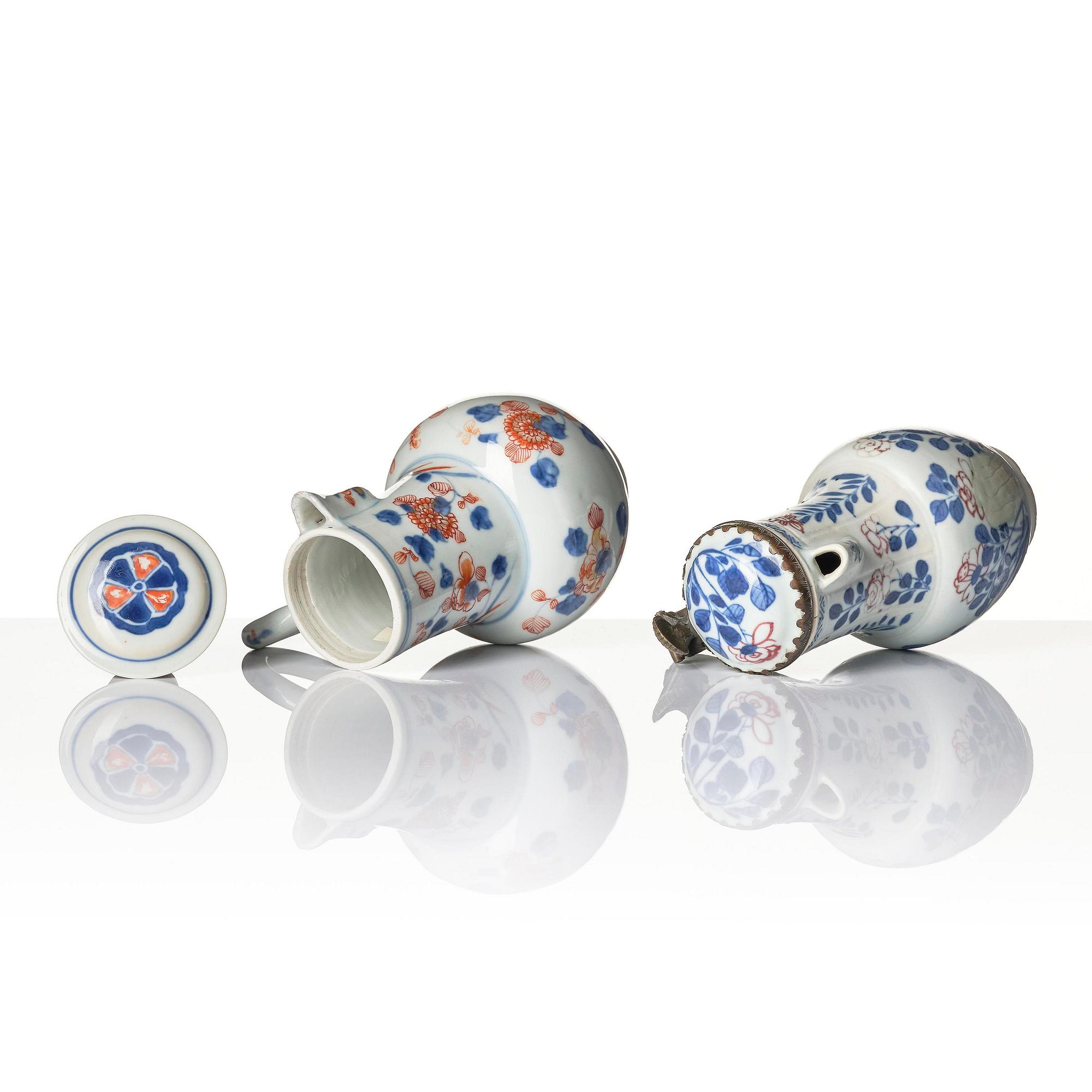 An underglaze red, celadon and an imari ewer with cover, Qing dynasty, Kangxi (1662-1722).