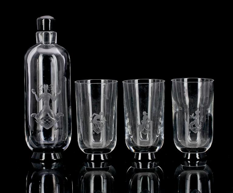 KARAFF MED GLAS, 3 st, glas. Simon Gate, Orrefors.