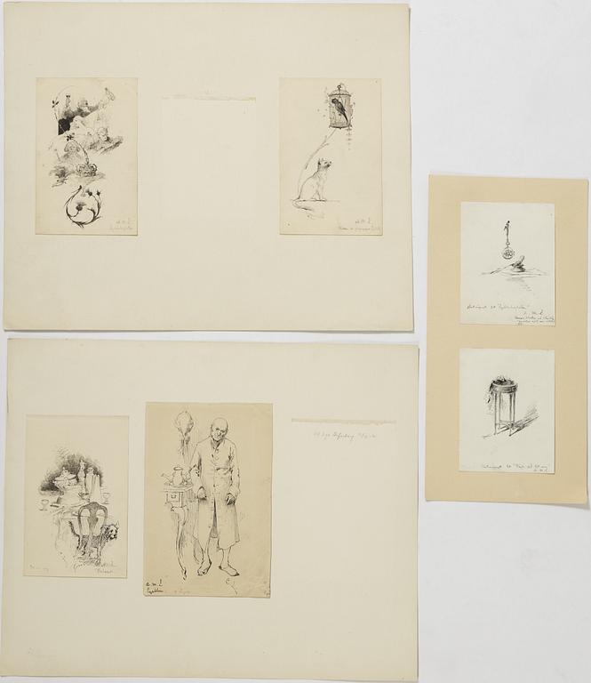 Carl Larsson,  6 drawings, signed C.L, Indian ink and hightening white mounted on cardboard.