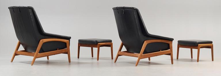 A pair of Folke Ohlsson teak and black leather lounge chairs and ottomans, 'Profil' by Dux, Sweden 1960's.