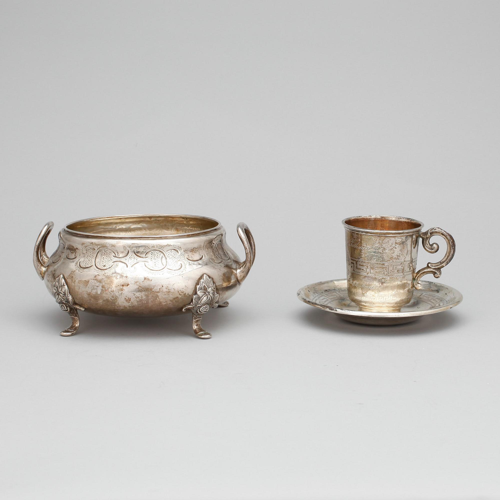 SKÅL samt KAFFEKOPP, 1+1, silver, bland annat Danmark 1800-talets slut. 1800-tal. Vikt ca 460 gram.