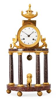580. A late Gustavian early 19th century gilt bronze and porphyry mantel clock.