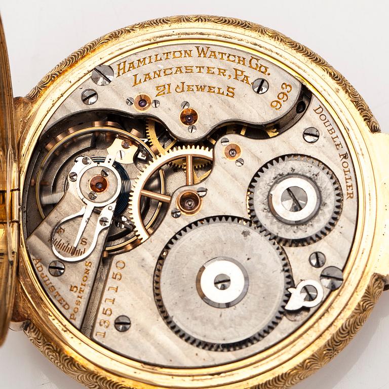Hamilton, pocket watch, 50 mm, 14K gold in three colours, lever escapement.