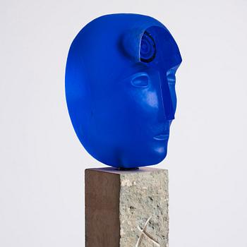 Bertil Vallien, a unique cast glass sculpture, head on stand, Kosta Boda, Sweden.