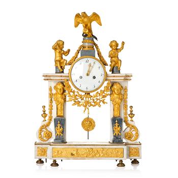 A French Louis XVI ormolu and marble portico mantel clock, late 18th century.