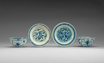1689. Four blue and white bowls and dishes, Ming dynasty (1368-1644).