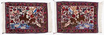 Rugs, a pair, oriental, figural, approximately 96 x 73 cm each.