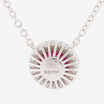 18K white gold necklace with ruby and brilliant-cut diamonds.