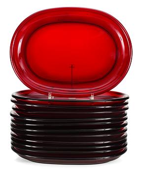 516. A set of twelve Josef Frank red glass plates, Svenskt Tenn.