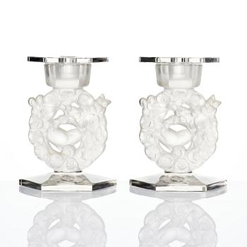 René Lalique, a pair of “Mésanges” cast glass candlesticks, France, post-1943.
