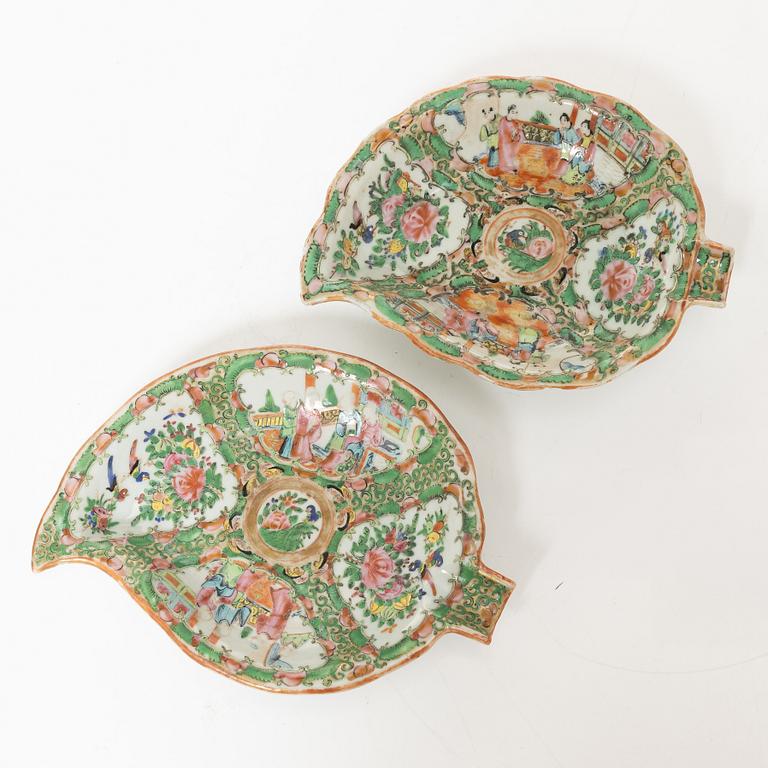 A Chinese Canton porcelain teapot, two leaf dishes, a bowl with cover and a jug, Qing dynasty 19th century and 20th cent.