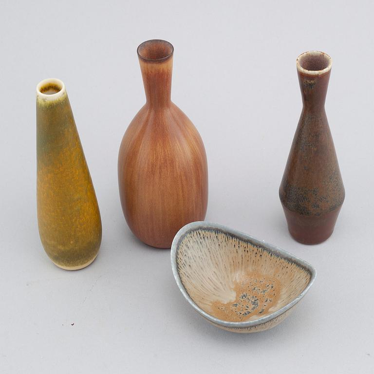 Three vases and one bowl in stoneware, designed by Carl-Harry Stålhane & Gunnar Nylund for Rörstrand.