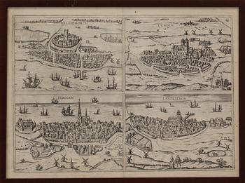 KARTOR, kopparstick, 2 st , "D' Afrique..." 1739 samt "De fyra Öresundstäderna"Braun/Hogenberg 1585. Senare avdrag.